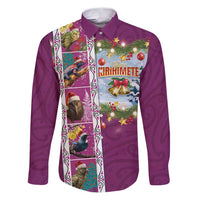 New Zealand Merry Christmas Family Matching Puletasi and Hawaiian Shirt Maori Animals, Koru Tattoo - Pink Xmas Style LT03 Dad's Shirt - Long Sleeve Pink - Polynesian Pride