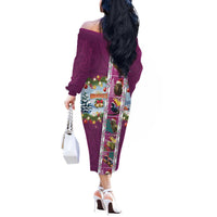 New Zealand Merry Christmas Off The Shoulder Long Sleeve Dress Maori Animals, Koru Tattoo - Pink Xmas Style