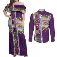 New Zealand Merry Christmas Couples Matching Off Shoulder Maxi Dress and Long Sleeve Button Shirt Maori Animals, Koru Tattoo - Purple Xmas Style