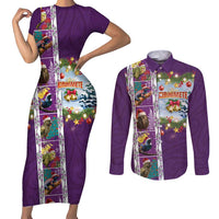 New Zealand Merry Christmas Couples Matching Short Sleeve Bodycon Dress and Long Sleeve Button Shirt Maori Animals, Koru Tattoo - Purple Xmas Style