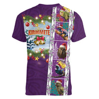New Zealand Merry Christmas Women V-Neck T-Shirt Maori Animals, Koru Tattoo - Purple Xmas Style LT03 - Polynesian Pride