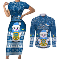 Tuvalu Christmas Couples Matching Short Sleeve Bodycon Dress and Long Sleeve Button Shirt Snowman Hugs Tuvalu Coat of Arms Maori Pattern Blue Style LT03 Blue - Polynesian Pride