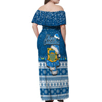Tuvalu Christmas Off Shoulder Maxi Dress Snowman Hugs Tuvalu Coat of Arms Maori Pattern Blue Style LT03 - Polynesian Pride
