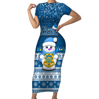Tuvalu Christmas Short Sleeve Bodycon Dress Snowman Hugs Tuvalu Coat of Arms Maori Pattern Blue Style LT03 Long Dress Blue - Polynesian Pride