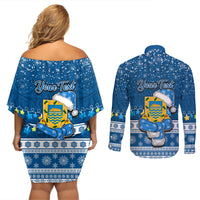 Personalised Tuvalu Christmas Couples Matching Off Shoulder Short Dress and Long Sleeve Button Shirt Snowman Hugs Tuvalu Coat of Arms Maori Pattern Blue Style LT03 - Polynesian Pride