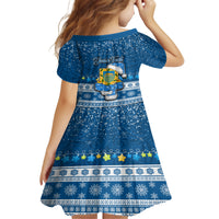 Personalised Tuvalu Christmas Family Matching Off Shoulder Short Dress and Hawaiian Shirt Snowman Hugs Tuvalu Coat of Arms Maori Pattern Blue Style LT03 - Polynesian Pride