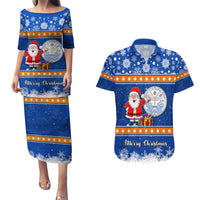 Personalised Marshall Islands Christmas Couples Matching Puletasi Dress and Hawaiian Shirt Santa Claus and Coat of Arms Mix Polynesian Xmas Style LT03 Blue - Polynesian Pride