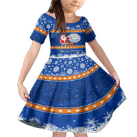 Personalised Marshall Islands Christmas Family Matching Mermaid Dress and Hawaiian Shirt Santa Claus and Coat of Arms Mix Polynesian Xmas Style LT03 Daughter's Dress Blue - Polynesian Pride
