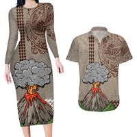 Hawaii Couples Matching Long Sleeve Bodycon Dress and Hawaiian Shirt Aloha Volcano Mix Kakau Hawaiian Tribal LT03 Beige - Polynesian Pride
