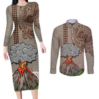 Hawaii Couples Matching Long Sleeve Bodycon Dress and Long Sleeve Button Shirt Aloha Volcano Mix Kakau Hawaiian Tribal LT03 Beige - Polynesian Pride