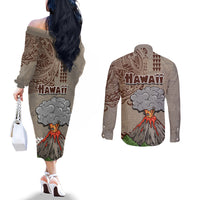 Hawaii Couples Matching Off The Shoulder Long Sleeve Dress and Long Sleeve Button Shirt Aloha Volcano Mix Kakau Hawaiian Tribal LT03 - Polynesian Pride