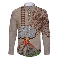 Aloha Volcano Custom Family Matching Off Shoulder Maxi Dress and Hawaiian Shirt Mix Hawaiian Kakau Tribal LT03 Dad's Shirt - Long Sleeve Beige - Polynesian Pride