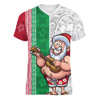 Hawaii Mele Kalikimaka Women V Neck T Shirt Santa Playing Ukele Mix Kakau Pattern Xmas Style LT03 Female Red - Polynesian Pride