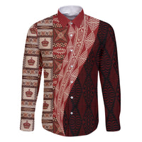 Tonga Fonulei and Ngatu Pattern Family Matching Puletasi and Hawaiian Shirt LT03 Dad's Shirt - Long Sleeve Red - Polynesian Pride