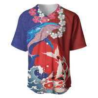 Hawaiian and Japanese Together Baseball Jersey The Whale and Koi Fish with Hinomaru and Lei LT03 Blue - Polynesian Pride