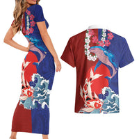 Hawaiian and Japanese Together Couples Matching Short Sleeve Bodycon Dress and Hawaiian Shirt The Whale and Koi Fish with Hinomaru and Lei