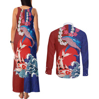 Hawaiian and Japanese Together Couples Matching Tank Maxi Dress and Long Sleeve Button Shirt The Whale and Koi Fish with Hinomaru and Lei
