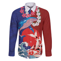 Hawaiian and Japanese Together Family Matching Puletasi and Hawaiian Shirt The Whale and Koi Fish with Hinomaru and Lei LT03 Dad's Shirt - Long Sleeve Blue - Polynesian Pride