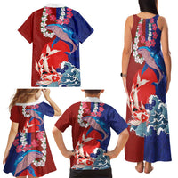Hawaiian and Japanese Together Family Matching Tank Maxi Dress and Hawaiian Shirt The Whale and Koi Fish with Hinomaru and Lei