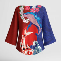 Hawaiian and Japanese Together Kimono Sleeve Blouse The Whale and Koi Fish with Hinomaru and Lei - Polynesian Pride