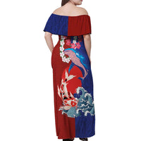 Hawaiian and Japanese Together Off Shoulder Maxi Dress The Whale and Koi Fish with Hinomaru and Lei