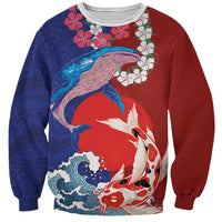Hawaiian and Japanese Together Sweatshirt The Whale and Koi Fish with Hinomaru and Lei LT03 Unisex Blue - Polynesian Pride