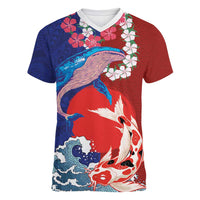 Hawaiian and Japanese Together Women V-Neck T-Shirt The Whale and Koi Fish with Hinomaru and Lei LT03 Female Blue - Polynesian Pride