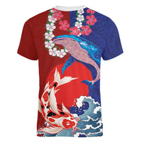 Hawaiian and Japanese Together Women V-Neck T-Shirt The Whale and Koi Fish with Hinomaru and Lei LT03 - Polynesian Pride