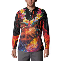 Hawaiian Turtle with Volcanic Eruption Button Sweatshirt Hibiscus Lei and Lava Flow an Abstract Texture