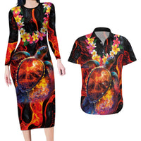 Hawaiian Turtle with Volcanic Eruption Couples Matching Long Sleeve Bodycon Dress and Hawaiian Shirt Hibiscus Lei and Lava Flow an Abstract Texture