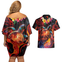 Hawaiian Turtle with Volcanic Eruption Couples Matching Off Shoulder Short Dress and Hawaiian Shirt Hibiscus Lei and Lava Flow an Abstract Texture