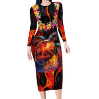 Hawaiian Turtle with Volcanic Eruption Family Matching Long Sleeve Bodycon Dress and Hawaiian Shirt Hibiscus Lei and Lava Flow an Abstract Texture