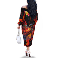 Hawaiian Turtle with Volcanic Eruption Family Matching Off The Shoulder Long Sleeve Dress and Hawaiian Shirt Hibiscus Lei and Lava Flow an Abstract Texture