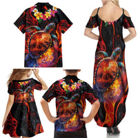 Hawaiian Turtle with Volcanic Eruption Family Matching Summer Maxi Dress and Hawaiian Shirt Hibiscus Lei and Lava Flow an Abstract Texture