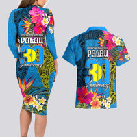 Palau Independence Day Couples Matching Long Sleeve Bodycon Dress and Hawaiian Shirt 1st October 30th Anniversary Polynesian Jungle Flower LT03 - Polynesian Pride
