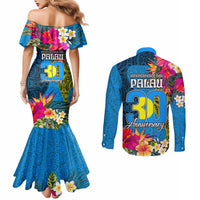 Palau Independence Day Couples Matching Mermaid Dress and Long Sleeve Button Shirt 1st October 30th Anniversary Polynesian Jungle Flower LT03 - Polynesian Pride
