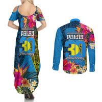 Palau Independence Day Couples Matching Summer Maxi Dress and Long Sleeve Button Shirt 1st October 30th Anniversary Polynesian Jungle Flower LT03 - Polynesian Pride