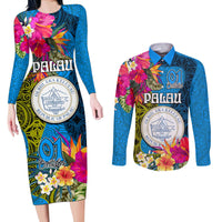 Personalised Palau Independence Day Couples Matching Long Sleeve Bodycon Dress and Long Sleeve Button Shirt 1st October 30th Anniversary Polynesian Jungle Flower LT03 Blue - Polynesian Pride