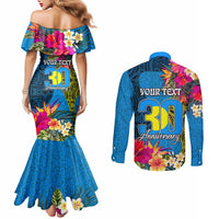 Personalised Palau Independence Day Couples Matching Mermaid Dress and Long Sleeve Button Shirt 1st October 30th Anniversary Polynesian Jungle Flower LT03 - Polynesian Pride
