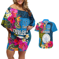 Personalised Palau Independence Day Couples Matching Off Shoulder Short Dress and Hawaiian Shirt 1st October 30th Anniversary Polynesian Jungle Flower LT03 Blue - Polynesian Pride