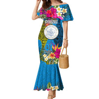 Personalised Palau Independence Day Family Matching Mermaid Dress and Hawaiian Shirt 1st October 30th Anniversary Polynesian Jungle Flower LT03 Mom's Dress Blue - Polynesian Pride