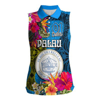 Personalised Palau Independence Day Women Sleeveless Polo Shirt 1st October 30th Anniversary Polynesian Jungle Flower LT03 Female Blue - Polynesian Pride