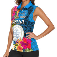 Personalised Palau Independence Day Women Sleeveless Polo Shirt 1st October 30th Anniversary Polynesian Jungle Flower LT03 - Polynesian Pride