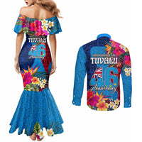 Tuvalu Independence Day Couples Matching Mermaid Dress and Long Sleeve Button Shirt 1st October 46th Anniversary Polynesian Jungle Flower LT03 - Polynesian Pride