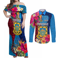 Tuvalu Independence Day Couples Matching Off Shoulder Maxi Dress and Long Sleeve Button Shirt 1st October 46th Anniversary Polynesian Jungle Flower LT03 Blue - Polynesian Pride
