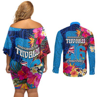 Tuvalu Independence Day Couples Matching Off Shoulder Short Dress and Long Sleeve Button Shirt 1st October 46th Anniversary Polynesian Jungle Flower LT03 - Polynesian Pride