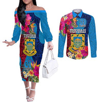 Tuvalu Independence Day Couples Matching Off The Shoulder Long Sleeve Dress and Long Sleeve Button Shirt 1st October 46th Anniversary Polynesian Jungle Flower LT03 Blue - Polynesian Pride