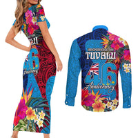 Tuvalu Independence Day Couples Matching Short Sleeve Bodycon Dress and Long Sleeve Button Shirt 1st October 46th Anniversary Polynesian Jungle Flower LT03 - Polynesian Pride
