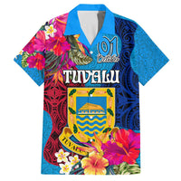 Tuvalu Independence Day Family Matching Puletasi and Hawaiian Shirt 1st October 46th Anniversary Polynesian Jungle Flower LT03 Dad's Shirt - Short Sleeve Blue - Polynesian Pride