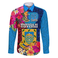 Tuvalu Independence Day Family Matching Puletasi and Hawaiian Shirt 1st October 46th Anniversary Polynesian Jungle Flower LT03 Dad's Shirt - Long Sleeve Blue - Polynesian Pride